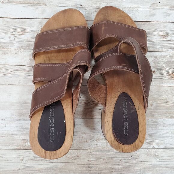 Y2K Candie's Wooden Chunky Heels w/Platform, VTG Brown Leather Sandals, Size: 5 - Picture 8 of 10